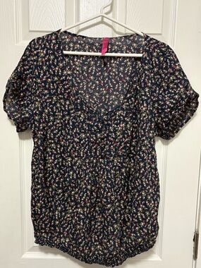 *Pure Energy Navy Ditsy Floral Short Puff Sleeve Size 3X Top Blouse #IR
